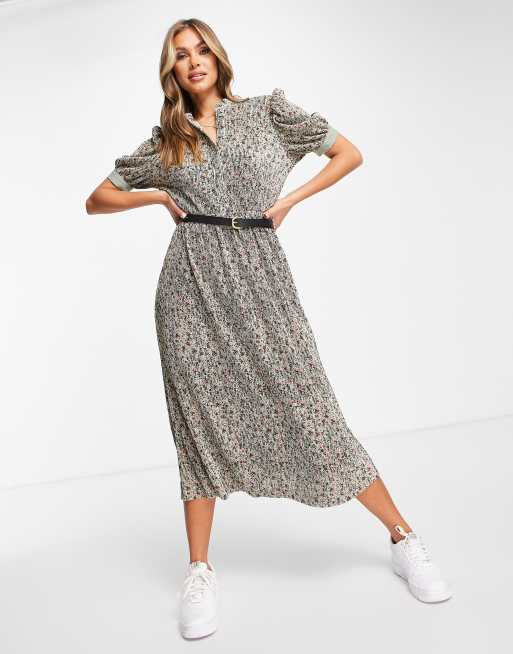 ASOS DESIGN - Vestito midi in plissé con bottoni e cintura color salvia con stampa a fiori 