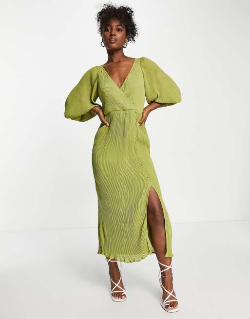 ASOS DESIGN - Vestito midi in plissé con dettaglio bottoni 