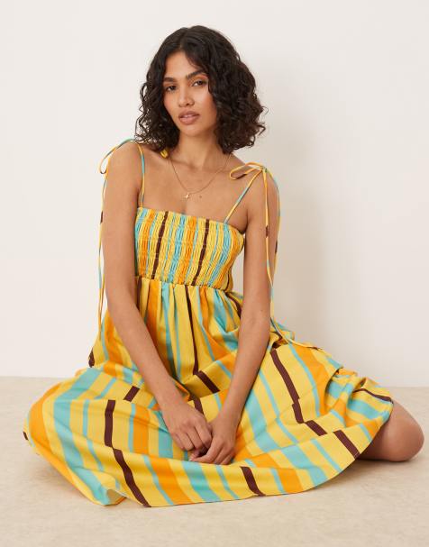 ASOS DESIGN - Vestito midi in popeline di cotone a righe con bustino arricciato - view 1