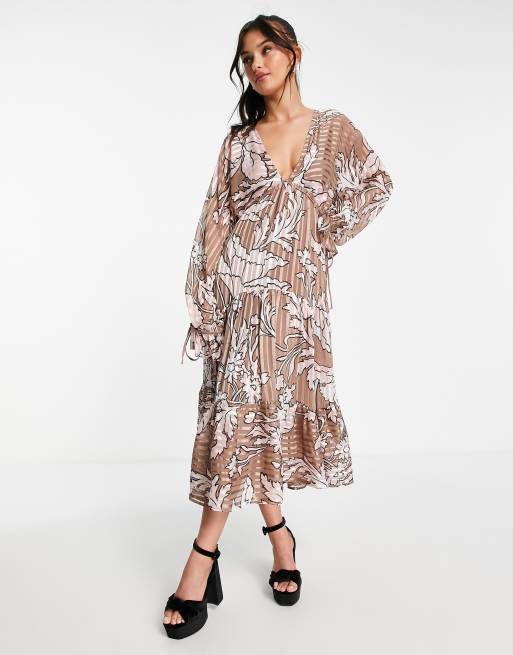ASOS DESIGN - Vestito midi in raso a balze a righe con stampa a fiori astratti
