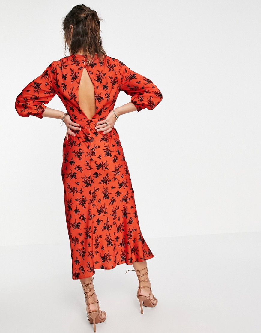 Vestito midi in raso allacciato sul davanti con bottoni rosso con stampa a fiori - ASOS DESIGN  donna Rosso - immagine3