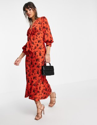 Vestito midi in raso allacciato sul davanti con bottoni rosso con stampa a fiori - ASOS DESIGN  donna Rosso - immagine2