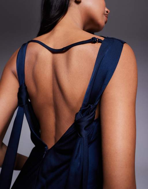 ASOS DESIGN - Vestito midi in raso blu navy allacciato sulla schiena con scollo drappeggiato, 2 di 4