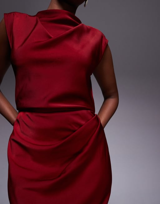 ASOS DESIGN - Vestito midi in raso bordeaux accollato con corpino a pieghe, 3 di 4