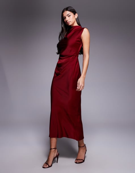 ASOS DESIGN - Vestito midi in raso bordeaux accollato con corpino a pieghe - view 1