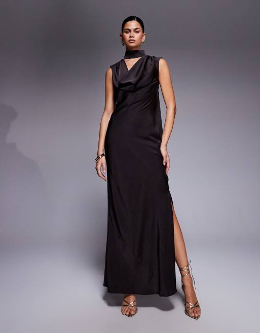 ASOS DESIGN - Vestito midi in raso color cioccolato scuro con scollo ad anello, foulard allacciato e dettaglio posteriore attorcigliato