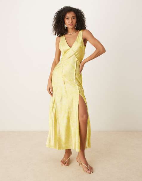 ASOS DESIGN - Vestito midi in raso color limone con stampa effetto sfocato e incrocio sulla schiena - view 1