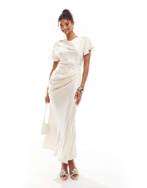 ASOS DESIGN - Vestito midi in raso color ostrica con arricciatura laterale e manica con volant