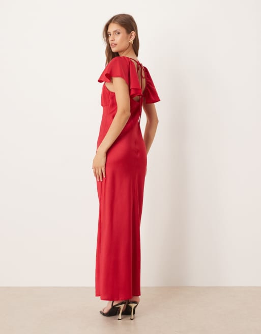ASOS DESIGN - Vestito midi in raso color rosso scuro con maniche con volant, 3 di 4