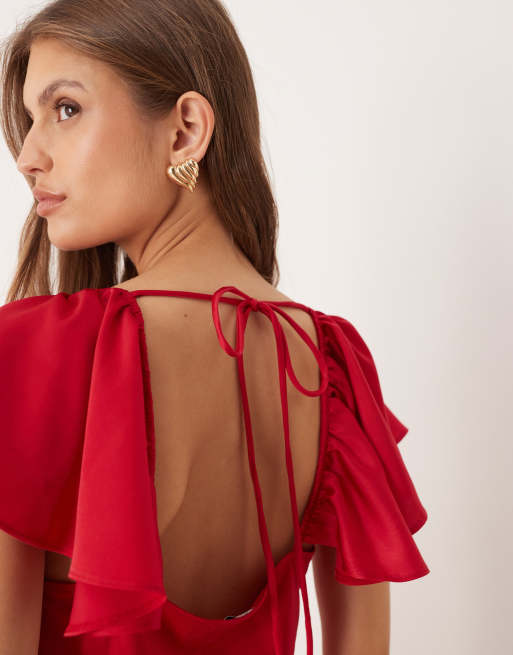 ASOS DESIGN - Vestito midi in raso color rosso scuro con maniche con volant, 4 di 4