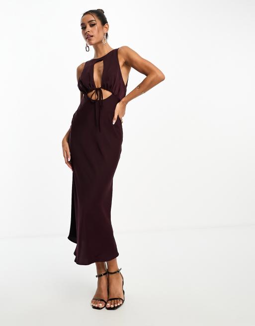 ASOS DESIGN - Vestito midi in raso color vino allacciato sul davanti con cut-out