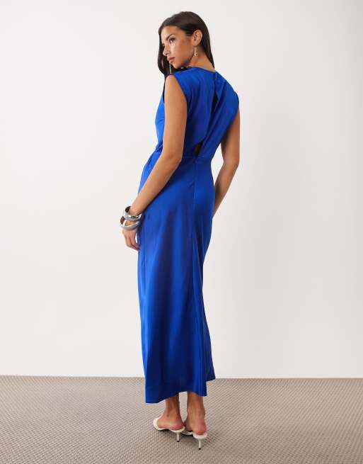 ASOS DESIGN vestito midi in raso con collo alto e corpino a pieghe blu cobalto, 4 di 4