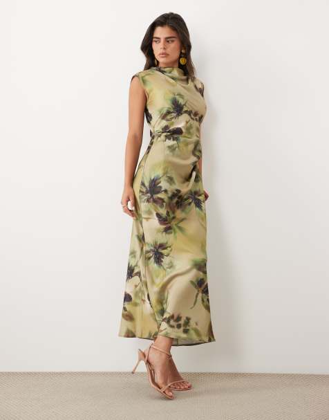 ASOS DESIGN vestito midi in raso con collo alto e corpino plissettato con stampa floreale verde - view 1