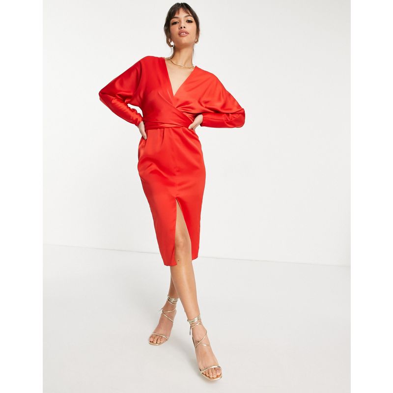 Vestiti da sera Donna DESIGN - Vestito midi in raso con maniche ad ali di pipistrello e vita avvolgente, colore rosso