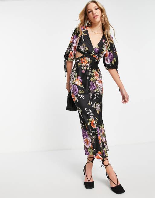 ASOS DESIGN - Vestito midi in raso con pieghe in vita e bottoni sul davanti con stampa floreale