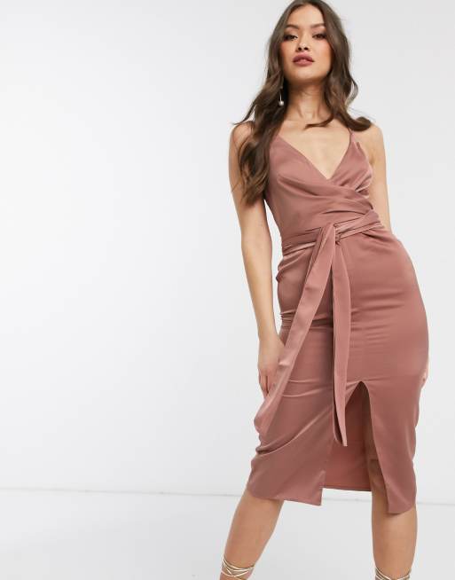 ASOS DESIGN - Vestito midi in raso con spalline sottili e incrocio in vita