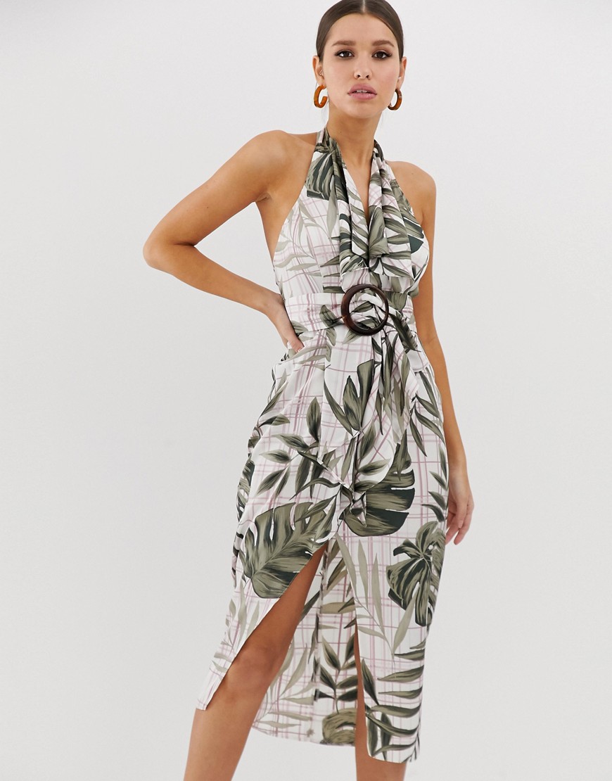 ASOS DESIGN - Vestito midi in raso con stampa di palme e dettaglio stile trench con fibbia in corno-Multicolore