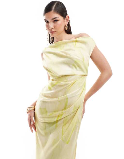 ASOS DESIGN - Vestito midi in raso con stampa di palme tenue e dettaglio drappeggiato con spalle scoperte