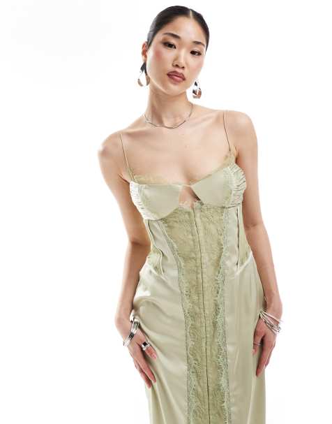 ASOS DESIGN - Vestito midi in raso e pizzo effetto patchwork verde salvia con gancetti - view 1