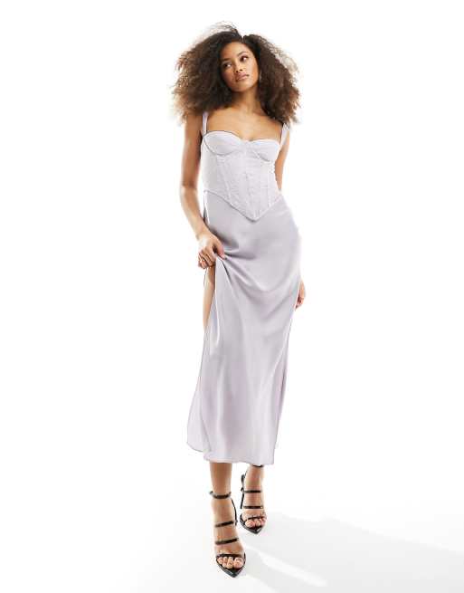 ASOS DESIGN - Vestito midi in raso lilla con strato sovrapposto stile corsetto in pizzo