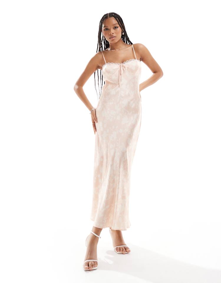 ASOS DESIGN - Vestito midi in raso rosa pallido a fiori con dettagli in pizzo