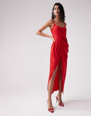 ASOS DESIGN satin cami midi dress with drape skirt in red - ASOS Price Checker