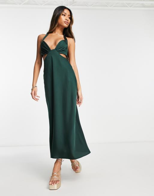 ASOS DESIGN - Vestito midi in raso verde scuro allacciato al collo