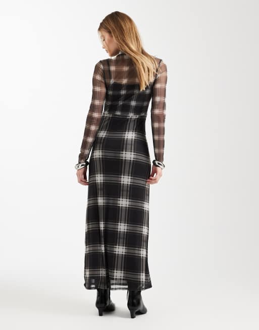 ASOS DESIGN - Vestito midi in rete a maniche lunghe accollato grigio a quadri avvolgente, 4 di 4