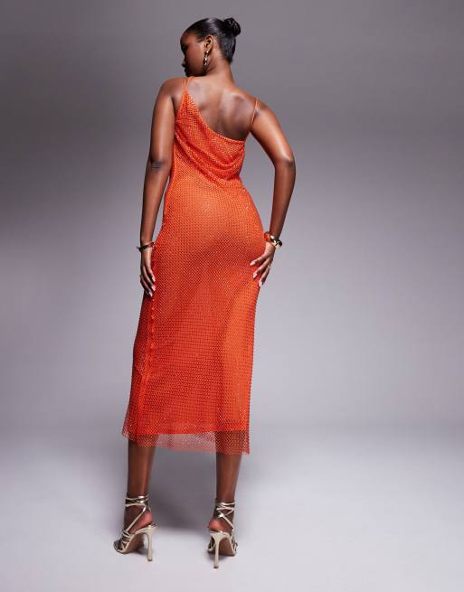 ASOS DESIGN - Vestito midi in rete arancione con scollo ad anello, applicazioni a caldo e drappeggio dévoré, 4 di 4