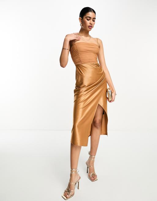 ASOS DESIGN Vestito midi in rete arricciata e raso drappeggiato color oro