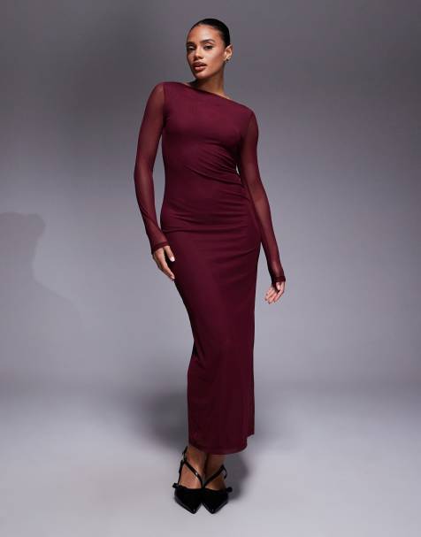 ASOS DESIGN - Vestito midi in rete bordeaux a maniche lunghe - view 1