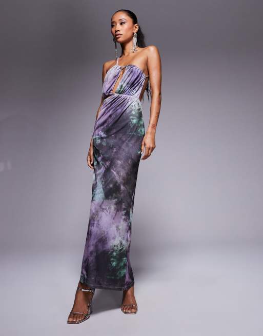 ASOS DESIGN - Vestito midi in rete con cut-out viola con stampa astratta