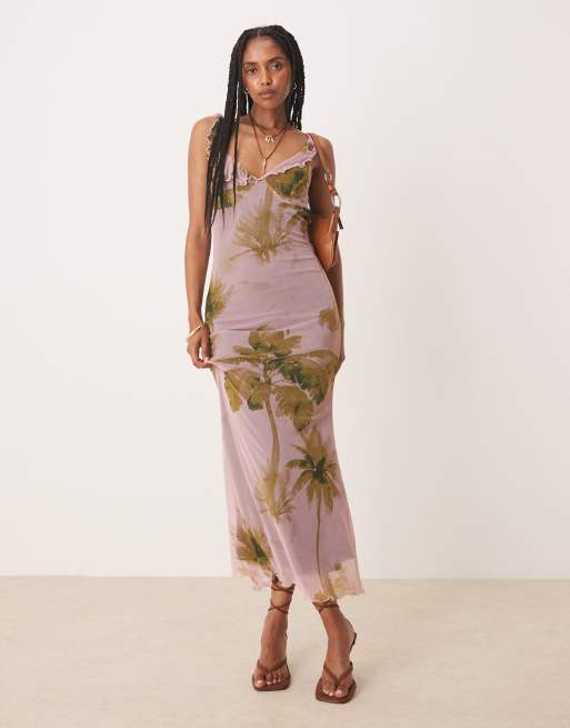 ASOS DESIGN - Vestito midi in rete con stampa a fiori vintage e spalline con volant