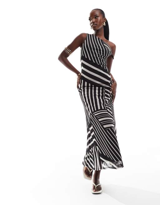 ASOS DESIGN - Vestito midi in rete monocromatico a righe asimmetrico con spallina attorcigliata