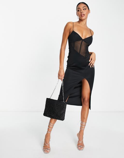 ASOS DESIGN - Vestito midi in rete nera con corsetto