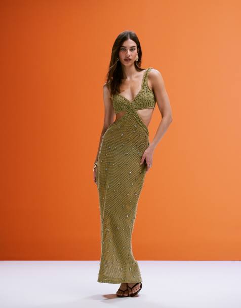 ASOS DESIGN - Vestito midi in tessuto a coste color kaki chiaro con decorazioni artistiche sul bustino - view 1