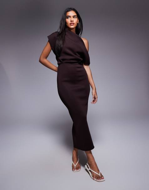 ASOS DESIGN - Vestito midi in tessuto effetto scuba color cioccolato con scollo appariscente - view 1