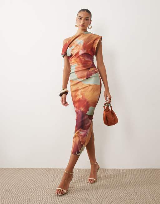 ASOS DESIGN - Vestito midi in tessuto scuba blu a fiori, 2 di 4