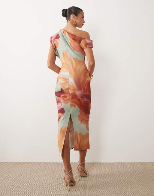ASOS DESIGN - Vestito midi in tessuto scuba blu a fiori, 4 di 4