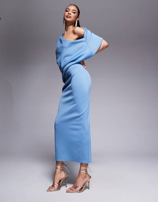 ASOS DESIGN - Vestito midi in tessuto scuba blu pallido con spalle scese, pieghe e retro asimmetrico