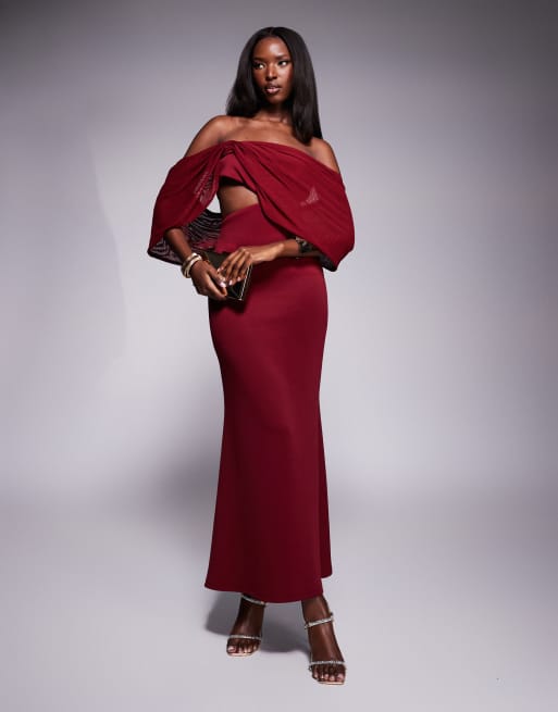 ASOS DESIGN - Vestito midi in tessuto scuba bordeaux con maniche drappeggiate trasparenti e scollo Bardot