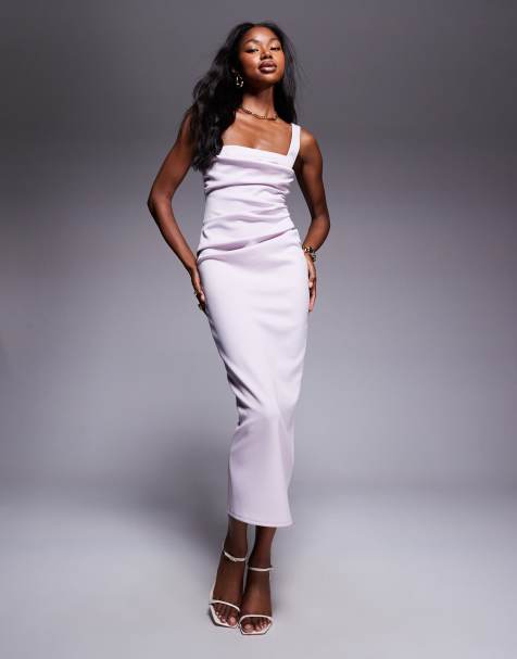 ASOS DESIGN - Vestito midi in tessuto scuba lilla con spacco e scollo curvo - view 1