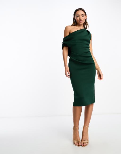 ASOS DESIGN - Vestito midi in tessuto scuba verde con spalla scivolata a pieghe