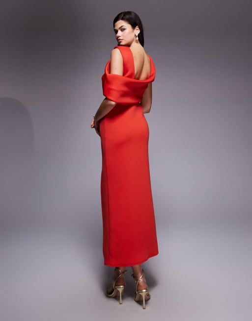 ASOS DESIGN - Vestito midi in tessuto stile scuba rosso con drappeggio e cut-out sulle spalle, 4 di 4