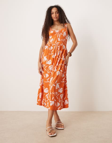 ASOS DESIGN - Vestito midi in tessuto stropicciato arancione e bianco con scollo a cuore e stampa a fiori - view 1