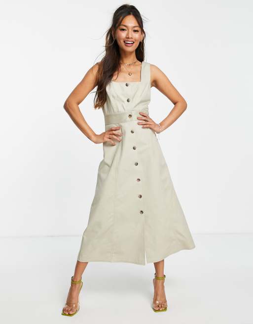 ASOS DESIGN - Vestito midi in twill beige con scollo squadrato