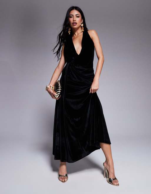ASOS DESIGN - Vestito midi in velluto nero con scollo profondo e dettaglio con fusciacca drappeggiata