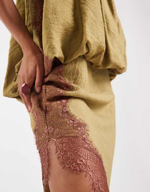 ASOS DESIGN - Vestito midi kaki con applicazioni in pizzo e orlo a palloncino, 3 di 4