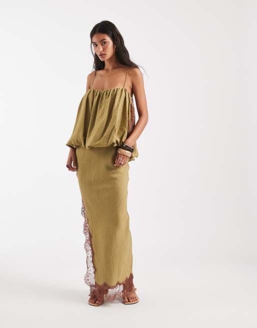 ASOS DESIGN - Vestito midi kaki con applicazioni in pizzo e orlo a palloncino, 4 di 4