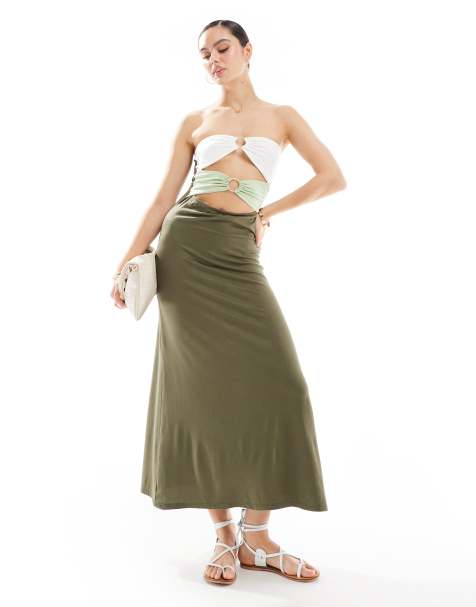 ASOS DESIGN - Vestito midi kaki con arricciature e cut out con anelli tono su tono - view 1